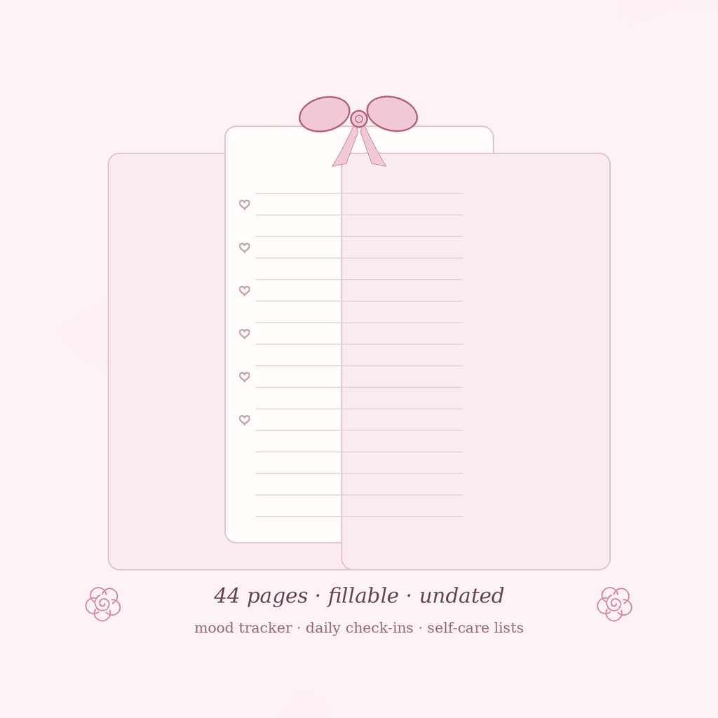 Coquette Self-Care Journal — 44 Page Pink Aesthetic (Editable Fillable PDF)
