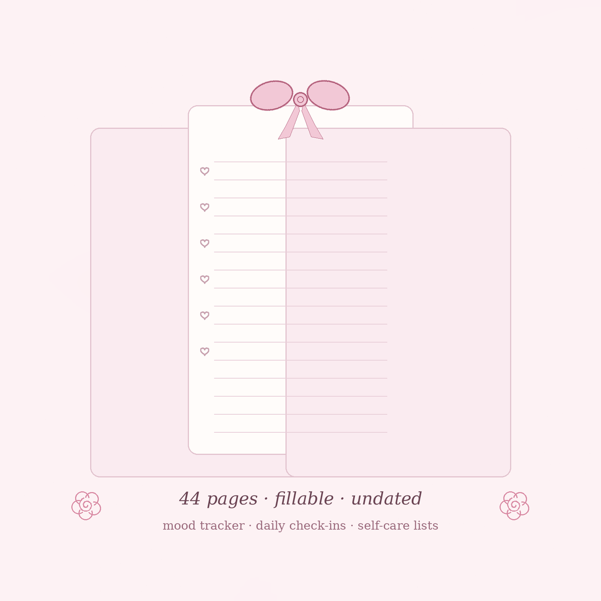 Coquette Self-Care Journal — 44 Page Pink Aesthetic (Editable Fillable PDF)